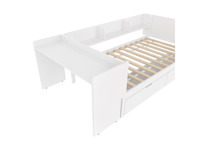  Lit simple 90x200 en bois blanc avec bureau intégré et 2 tiroirs  - Conforama R