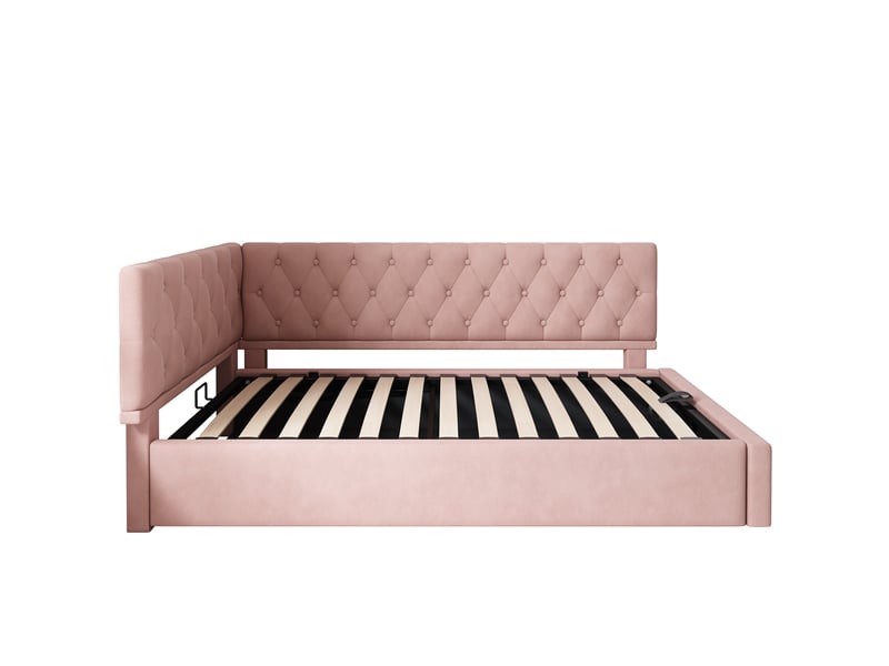  Lit coffre enfant 90x200cm, canapé-lit avec espace de rangement, sommier, velours rose, sans matelas  - Conforama R