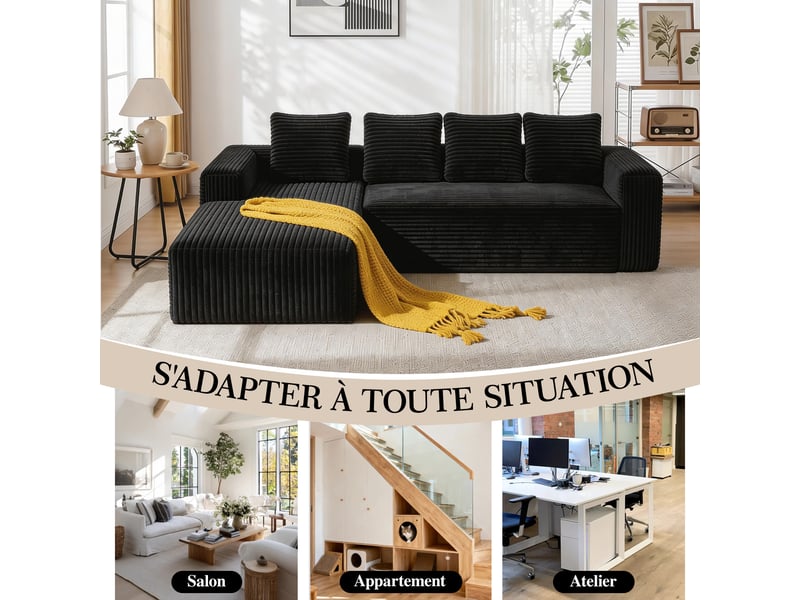  Canapé d'angle modulaire avec méridienne réversible, assise rembourrée, en velours côtelé noir, 261×168×58 cm  - Conforama E