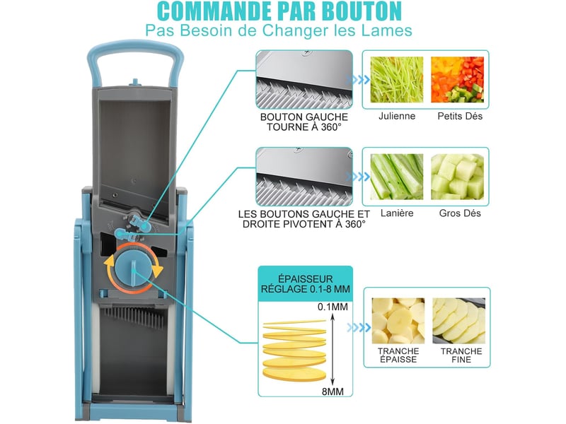  Mandoline cuisine manuelle, safety slicer coupe frites légume multifonction hachoir manuel épaisseur ajustable, bleu  - Conforama C