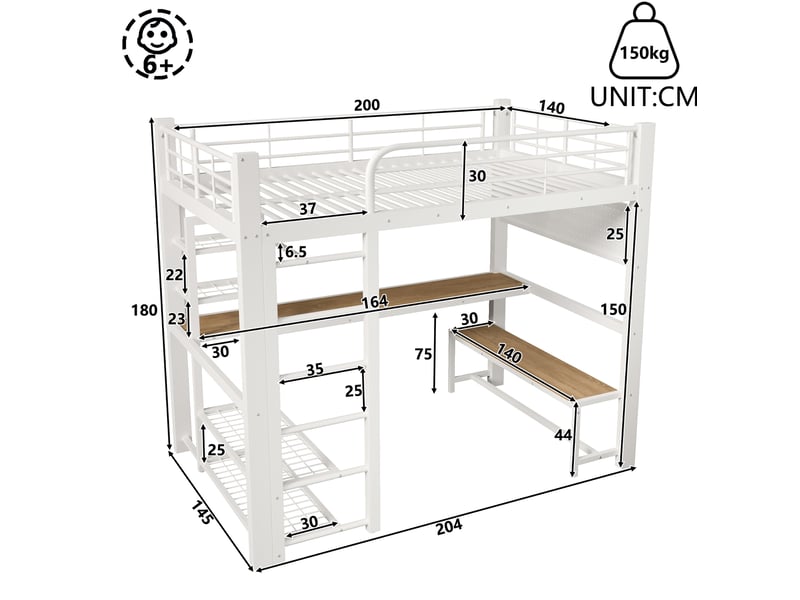  Lit mezzanine 140x200 cm en métal avec bureau intégré, rangements led, blanc  - Conforama C