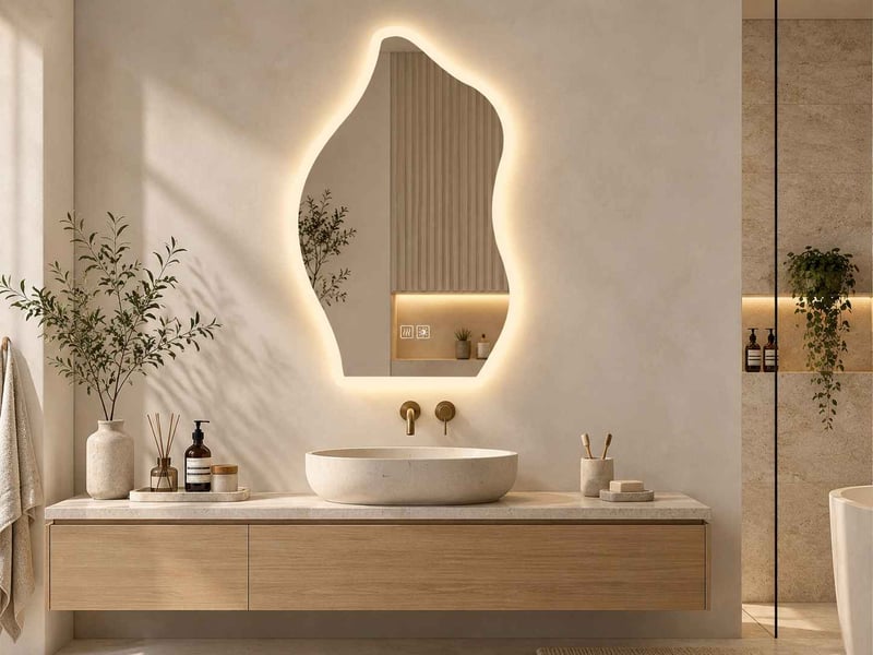  Miroir salle de bain led lumineux asymétrique 50 × 70 cm, avec éclairage réglable 3 couleurs et fonction anti-buée  - Conforama B