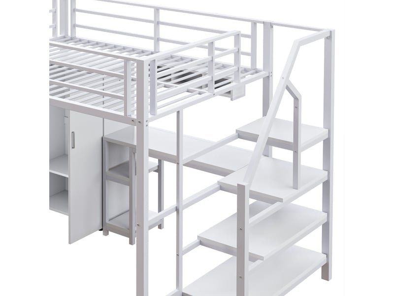 Lit mezzanine 140x200cm avec bureau, armoire, étagères de rangement, escalier et sommier, métal+mdf, blanc, sans matelas - Conforama E