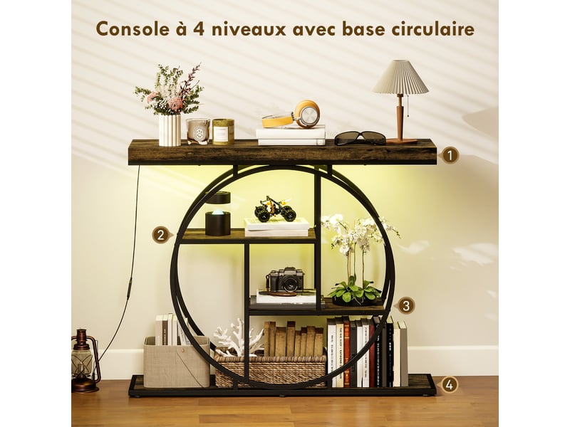  Console meuble avec éclairage led 100 cm, table console à 4 niveaux avec étagères ouvertes, marron rustique et noir  - Conforama E