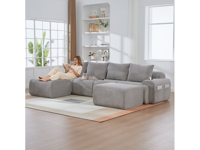  Canapé modulaire 4 places 333x174x80 cm avec 2 poufs, porte-gobelet, gris clair  - Conforama E