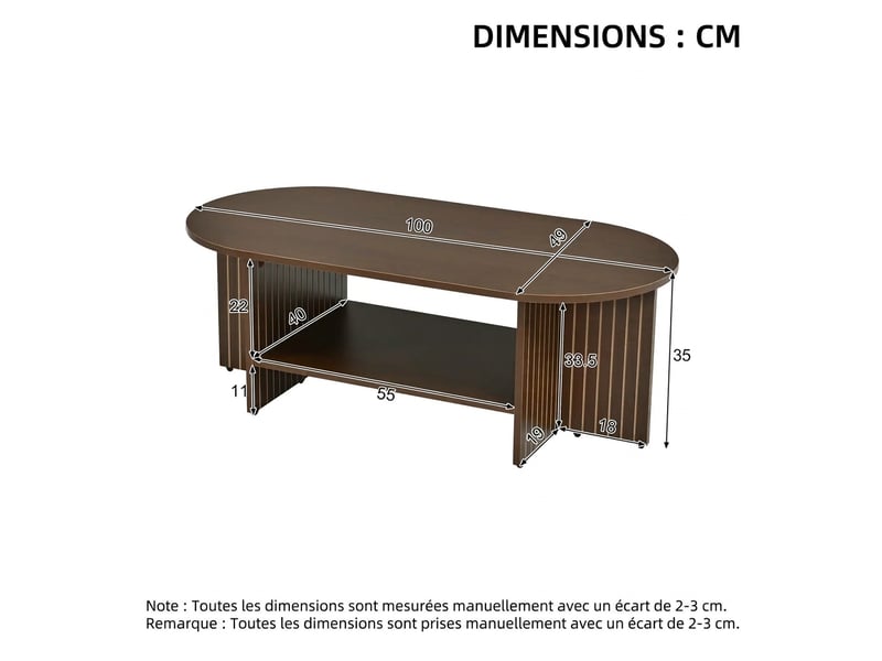 Table basse ovale de salon en mdf avec étagère 100x49x35 cm - design moderne rainuré  - Conforama C