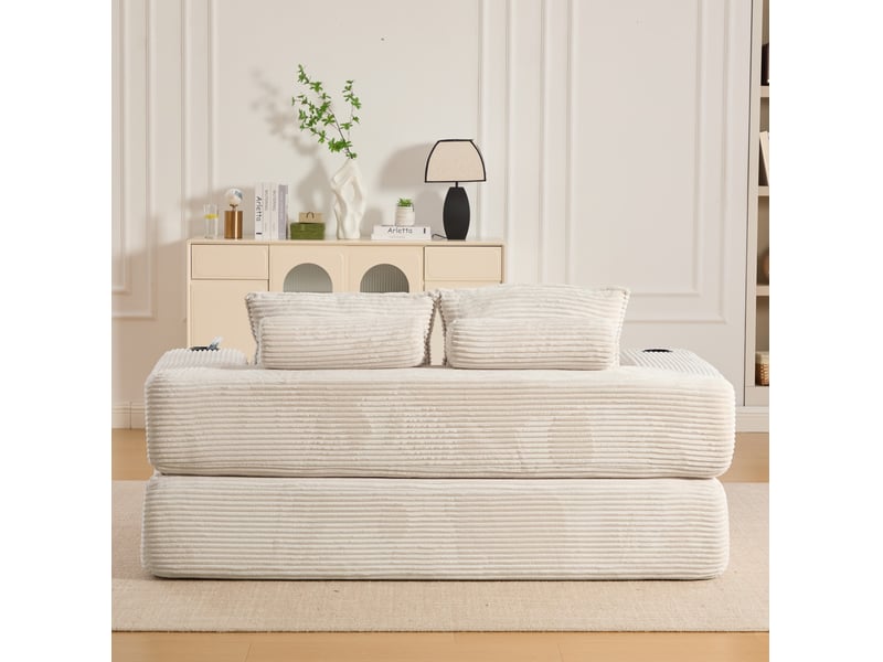Canapé convertible 2 places modenvie en velours côtelé beige avec coffre de rangement, porte-gobelet et coussins mémoire 180 x 98 cm - Conforama E