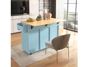 Desserte de cuisine 139 x 46 x 91,5 cm bleue en mdf, plateau rabattable, 3 tiroirs et rangement mobile