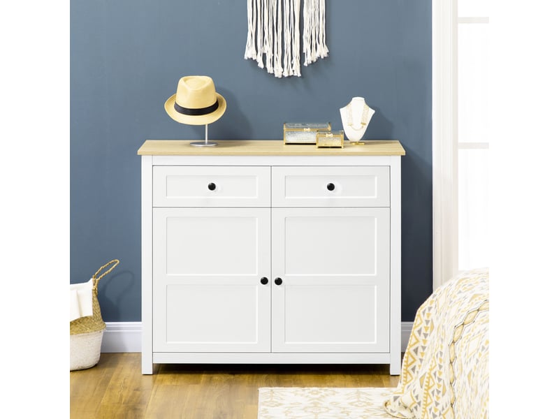  Commode meuble de rangement 2 portes avec étagère réglable en hauteur 2 tiroirs 100 x 40 x 85 cm blanc et aspect bois  - Conforama W