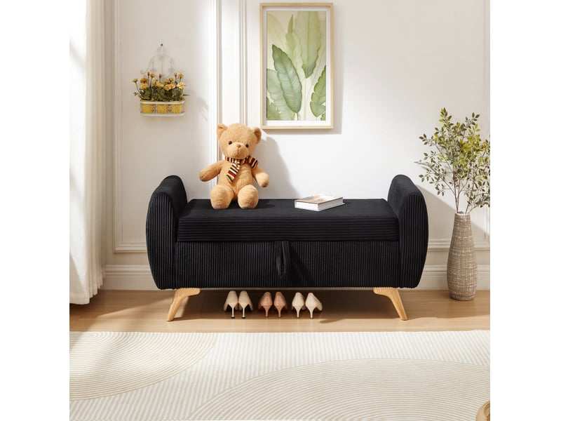  Banc de rangement pliable 145 x 51 x 57 cm en velours côtelé noir avec pieds en bois  - Conforama E