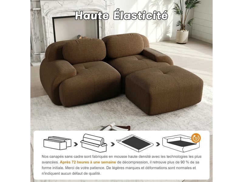  Canapé d'angle modulable 3 places sans montage en velours côtelé marron  - Conforama C