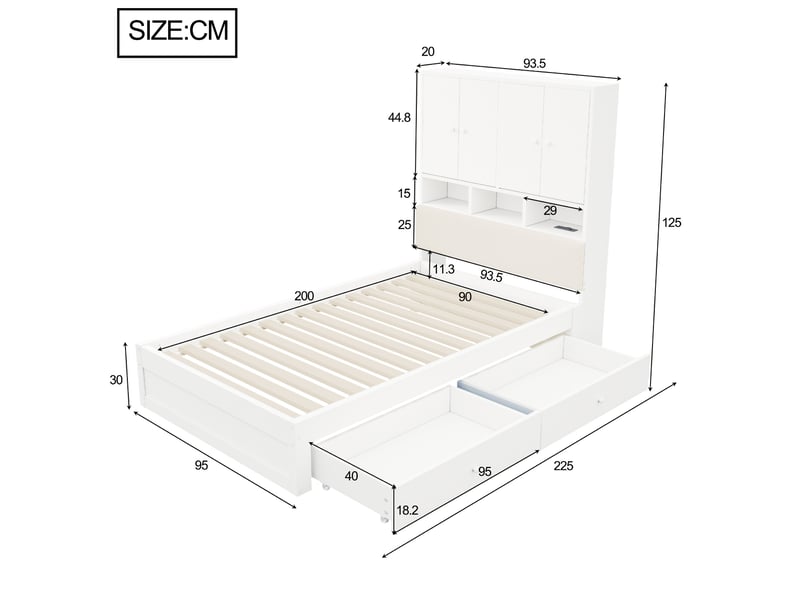  Lit simple 90×200 cm avec tête de lit, rangements, led, prise et tiroirs, blanc  - Conforama C