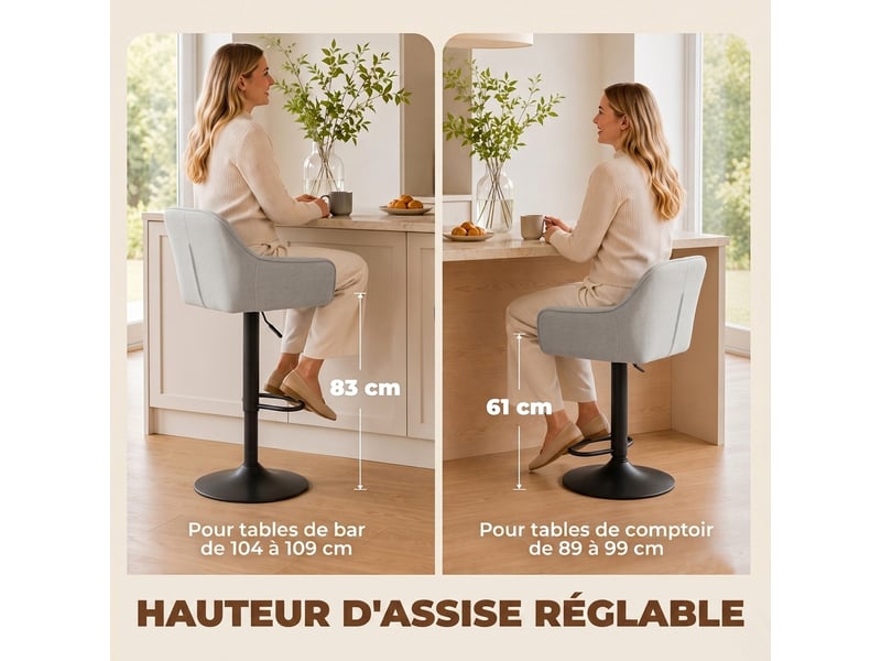  Tabourets de bar lot de 2, chaises de bar en chenille, hauteur réglable, pivotant 360°, dossier et repose-pieds, gris  - Conforama E