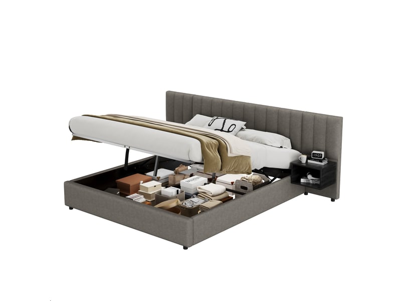 Lit coffre 180x200 lin grisnoir avec 2 tables de chevet et sommier bois  - Conforama E