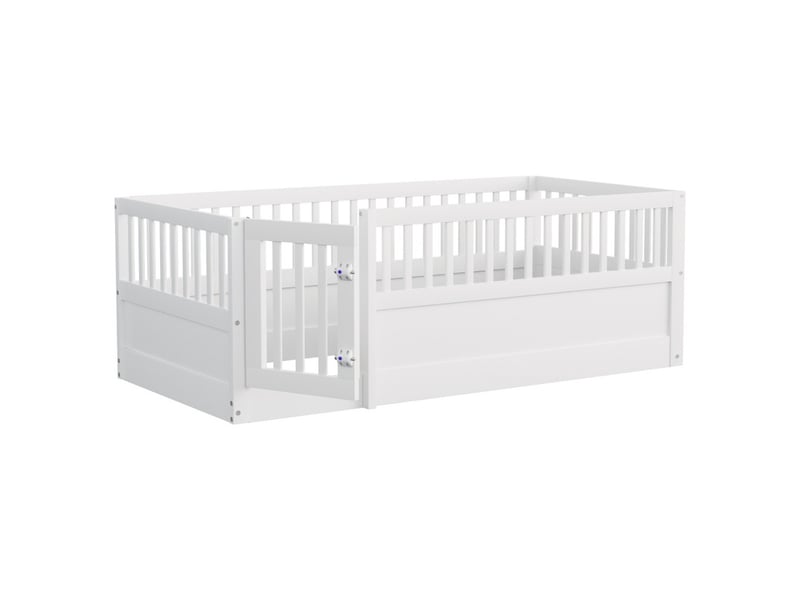 Lit enfant 90 x 200 cm, cadre en bois avec barreaux et porte, blanc  - Conforama A