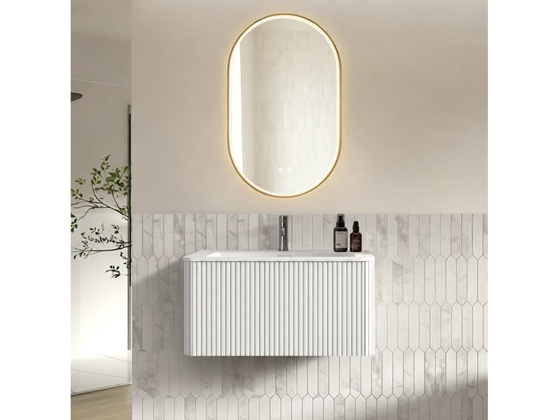 Meuble vasque suspendu blanc 81 cm avec miroir led ovale antibuée, 1 tiroir, design rainuré moderne - Conforama B