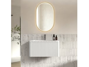 Meuble vasque suspendu blanc 81 cm avec miroir led ovale antibuée, 1 tiroir, design rainuré moderne