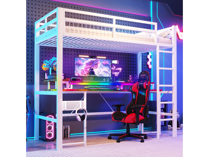  Lit mezzanine 90 x 200 cm sans matelas, structure métal, bureau, led, usb et type-c, prises, panneau perforé, blanc  - Conforama C