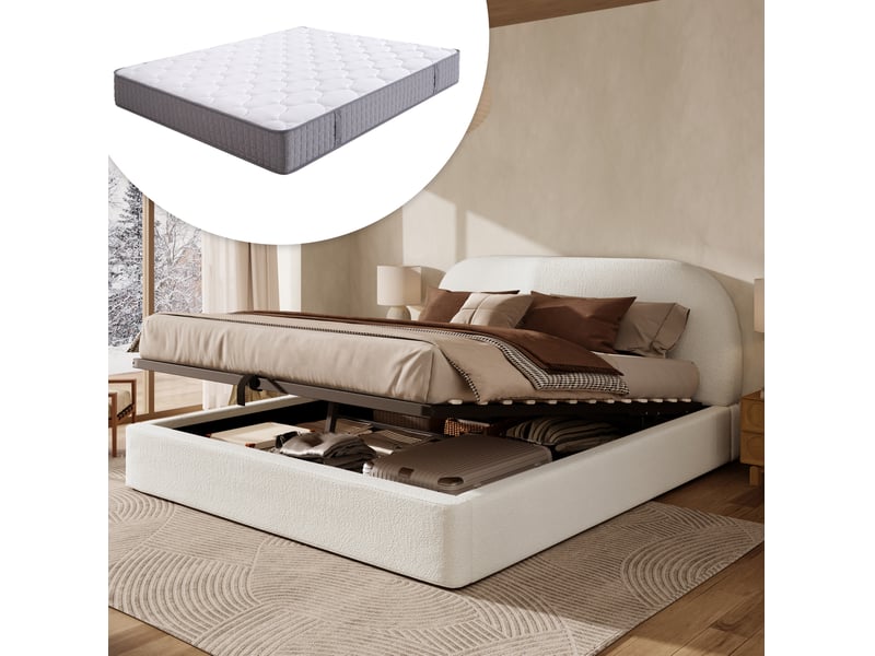  Lit coffre modenvie double 180 x 200 cm avec matelas inclus sommier à lattes tête de lit rembourrée bouclé beige  - Conforama D