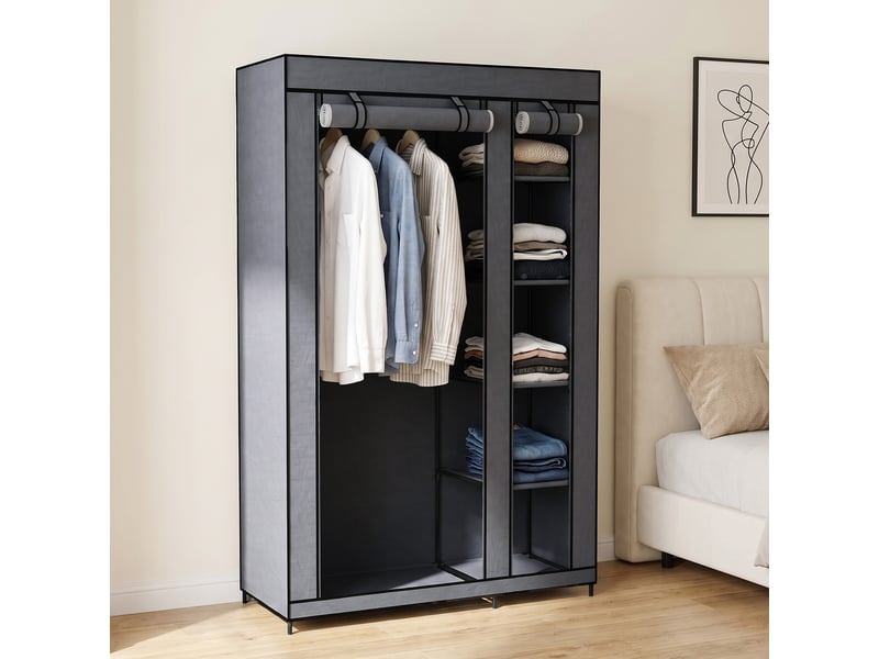  Armoire mobile en tissu avec tringle et 5 compartiments de rangement, grise  - Conforama C