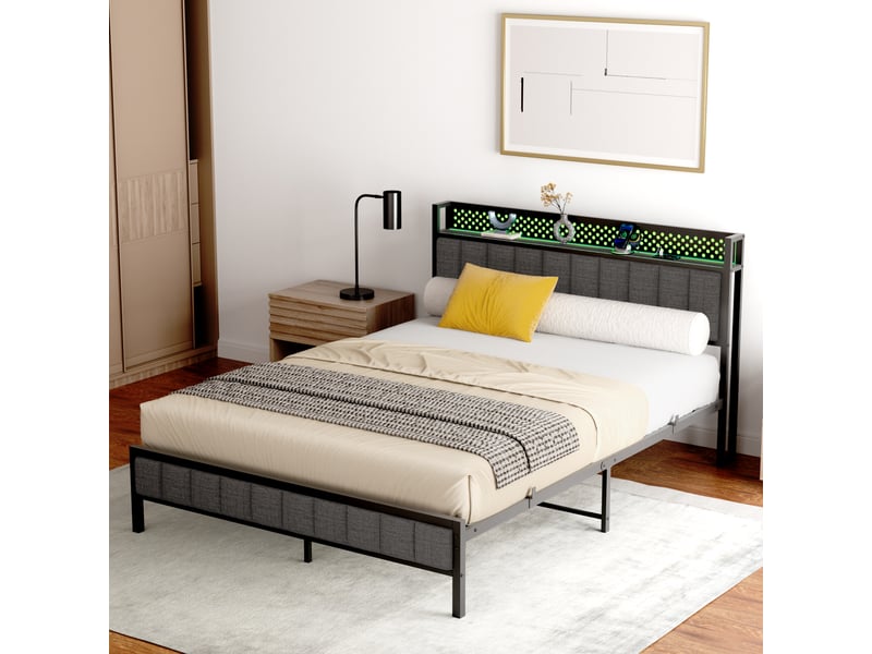 Lit double 140x200 cm - tête de lit rembourrée avec éclairage led et 2 ports usb - structure métal robuste - noir  - Conforama C