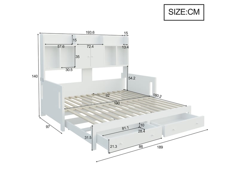 Lit banquette 90x190 cm extensible 180x190 cm – blanc – rangements, led et prise - sans matelas - Conforama C