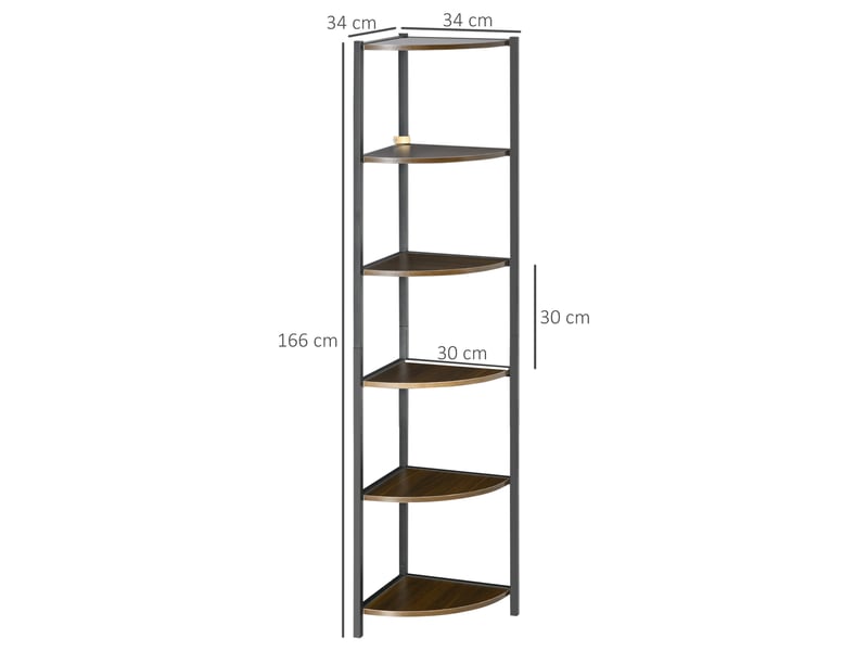  Bibliothèque d'angle moderne à 6 étagères en métal et mdf, 34 x 34 x 166 cm, marron et noir  - Conforama E