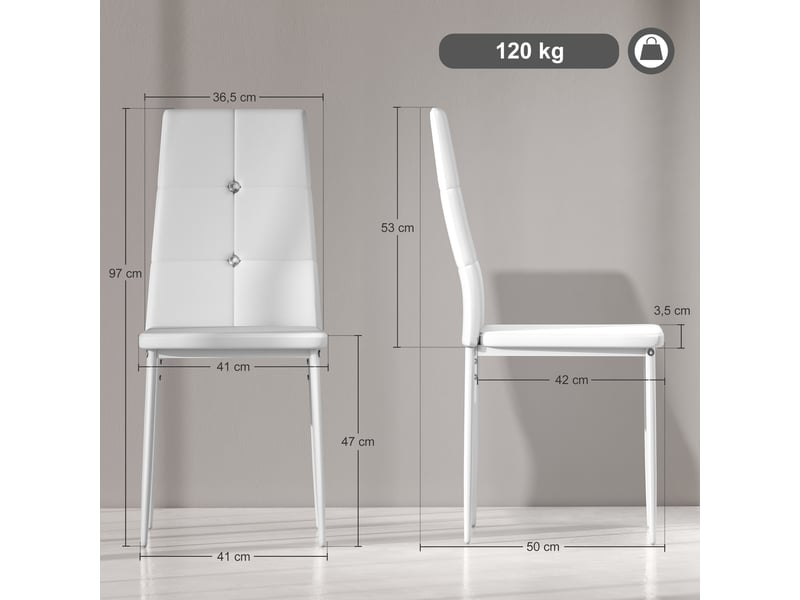  Ensemble de 6 chaises de salle à manger revêtues de cuir pu, avec dossier haut, capitonnage à boutons et pieds en acier, design moderne, blanches  - Conforama E