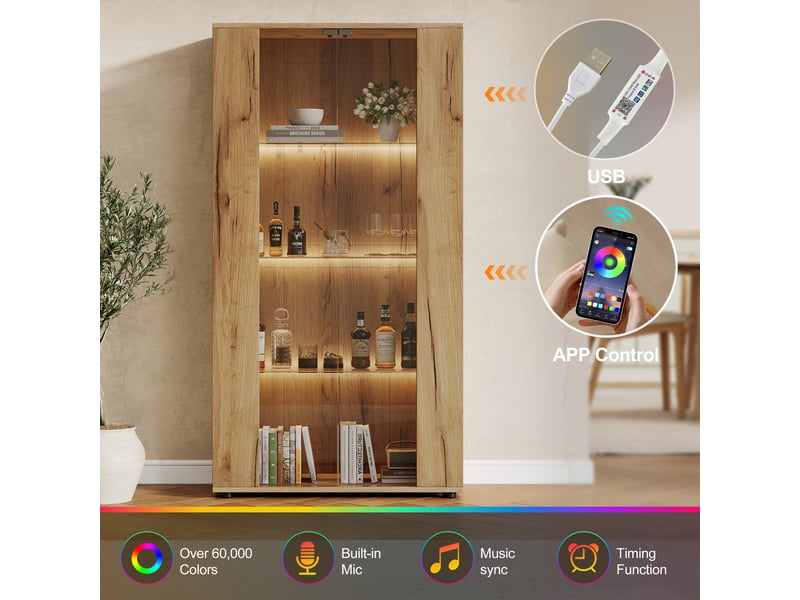  Vitrine 2 portes en verre avec led 4 étagères coloris naturel 80 x 36 x 150.5 cm  - Conforama D