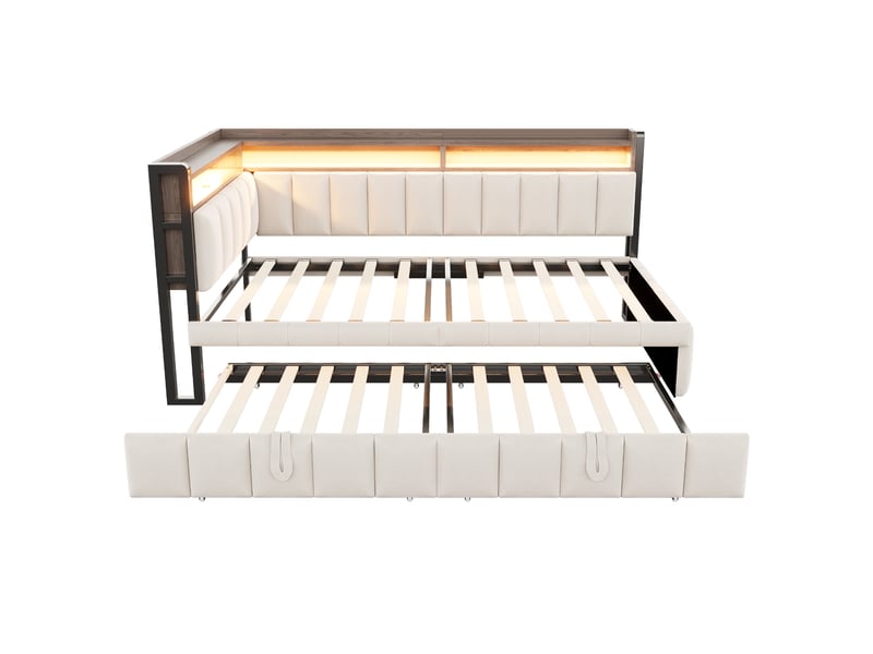  Canapé-lit 90x200cm capitonné avec lit gigogne, éclairage led et compartiments de rangement en tête et pied de lit, équipé de ports usb et type-c. Canapé-lit une place, revêtement en velours beige.  - Conforama D