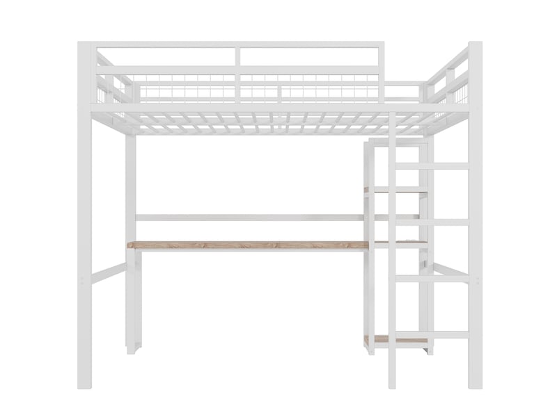  Lit mezzanine enfant 140x200 cm, bureau, étagère, charge, garde-corps, sommier, métal blanc, sans matelas  - Conforama E