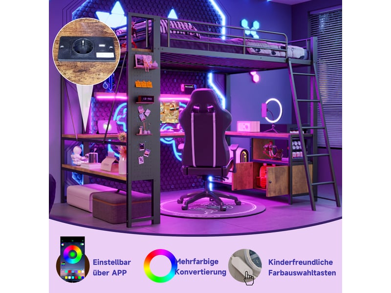 Lit mezzanine 140x200 cm métal noir avec led, bureau, rangements et usb - Conforama B