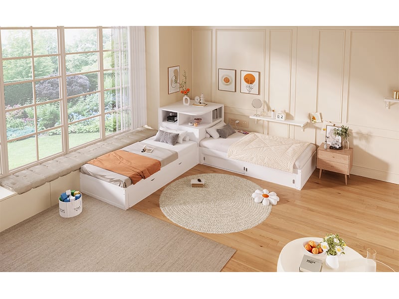 Lit gigogne 90 x 200 cm, cadre de lit avec couchage d’appoint, couchage gigogne, éclairage led, 1 place, bois massif, blanc Morn Vibe - Conforama E
