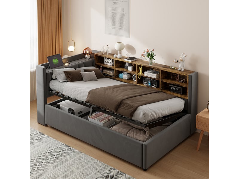 Canapé-lit avec rangement 90 x 200 cm – avec éclairage – avec ports de charge usb et type-c – avec compartiments de rangement – gris foncé (matelas non inclus) - Conforama D