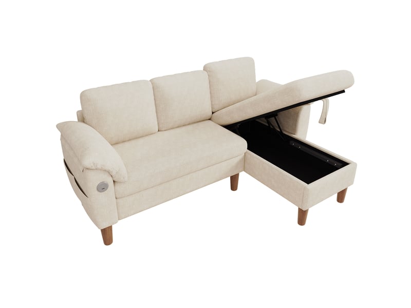  Canapé d'angle réversible 3 places avec rangement, usb et usb-c, poches latérales en chenille beige  - Conforama A