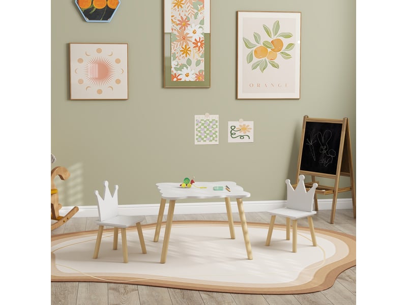  Ensemble table et 2 chaises pour enfants avec dossier en forme de couronne pour lire et dessiner, 60 x 60 x 44 cm, blanc et bois  - Conforama C