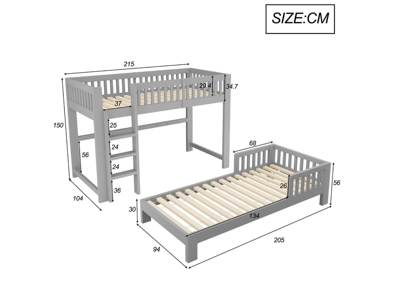  Lit superposé enfant 2 places 90×200 cm modulable, barrières et bords arrondis - okmyhome- gris, sans matelas  - Conforama D
