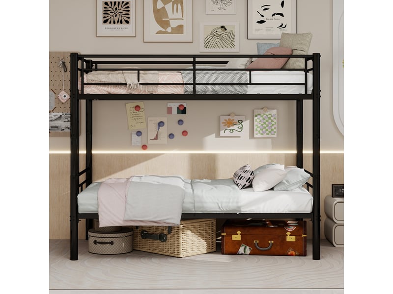  Lit superposé 90x190 cm - lit enfant convertible avec échelle et garde-corps - sans matelas - noir  - Conforama C