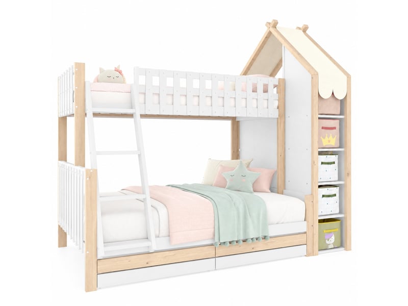 Lit superposé enfant 90x200 et 140x200 cm, 2 tiroirs, blanc et naturel - Conforama A