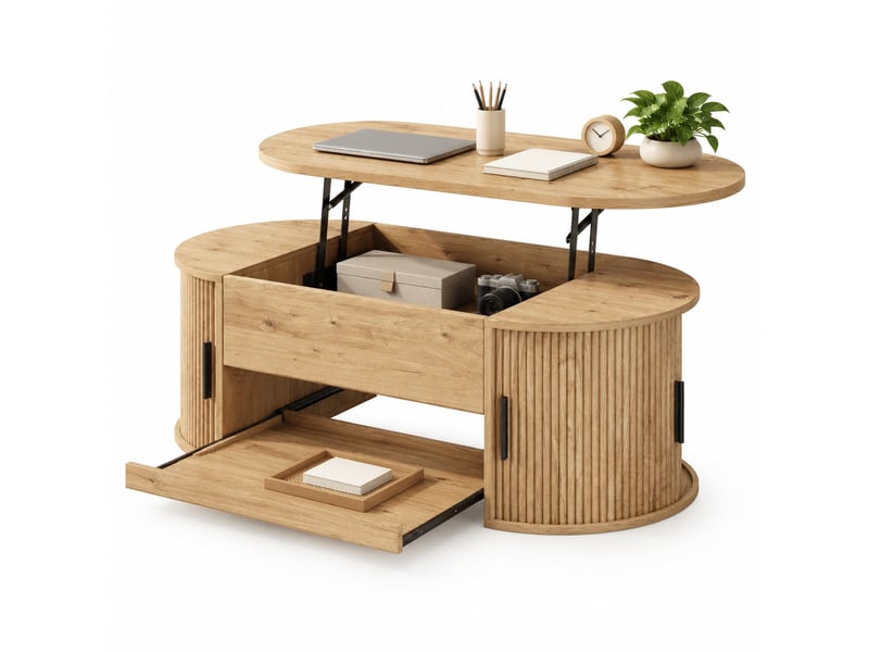  Table basse relevable 110 x 55 x 55 cm avec rangement caché, portes coulissantes et plateau extensible, effet rainuré  - Conforama A