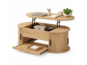 Table basse relevable 110 x 55 x 55 cm avec rangement caché, portes coulissantes et plateau extensible, effet rainuré