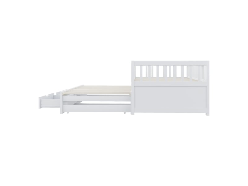  Lit banquette avec lit gigogne et 2 tiroirs, bois massif blanc, 90x200 cm, barrières et sommier  - Conforama D