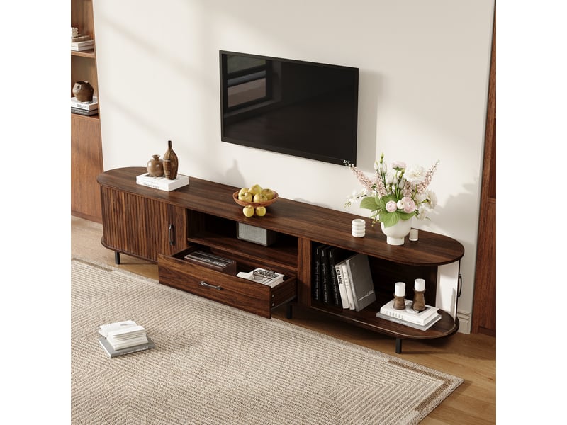  Meuble tv bas 180x40x50 cm en mdf, portes coulissantes rainurées, tiroir et niches ouvertes, rangement salon pour tv 75 pouces - noyer  - Conforama E