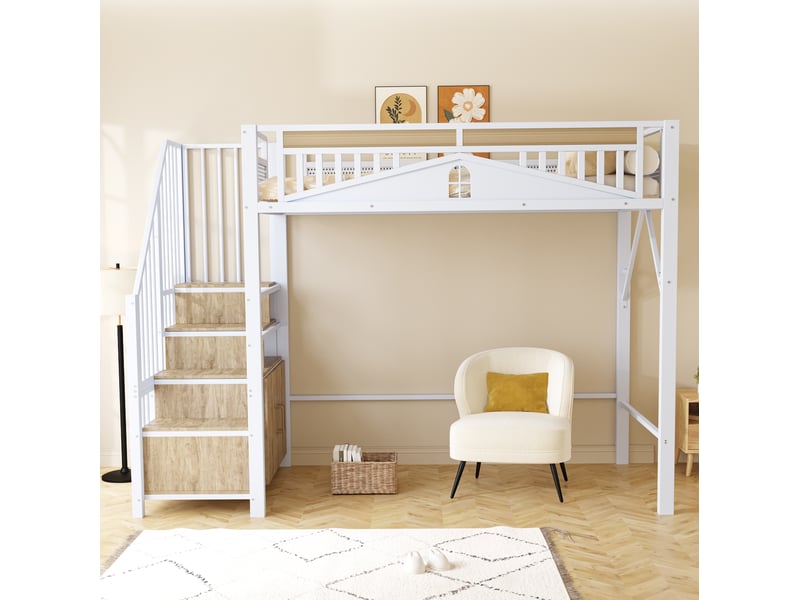  Lit mezzanine 90x200 cm avec escalier et rangements coloris blanc  - Conforama D