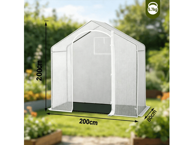  Serre de terrasse 200x80x200 cm – blanche – structure acier, porte enroulable zippée et sol pe noir  - Conforama C