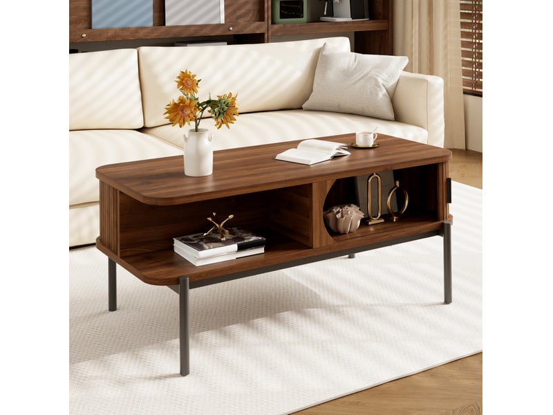  Table basse rectangulaire avec rangement et portes coulissantes, mdf, couleur noyer, 100 x 45 x 43 cm  - Conforama D