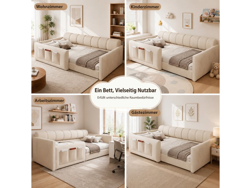 Lit banquette enfant 90x200cm en velours beige, tête de lit rembourrée avec poches de rangement, 12 lattes, structure métal et mdf pour chambre - Conforama E