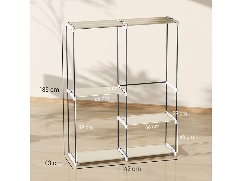  Armoire ouverte avec 4 étagères en tissu, 3 tringles à vêtements, structure métallique, 142 x 43 x 185 cm, crème  - Conforama E