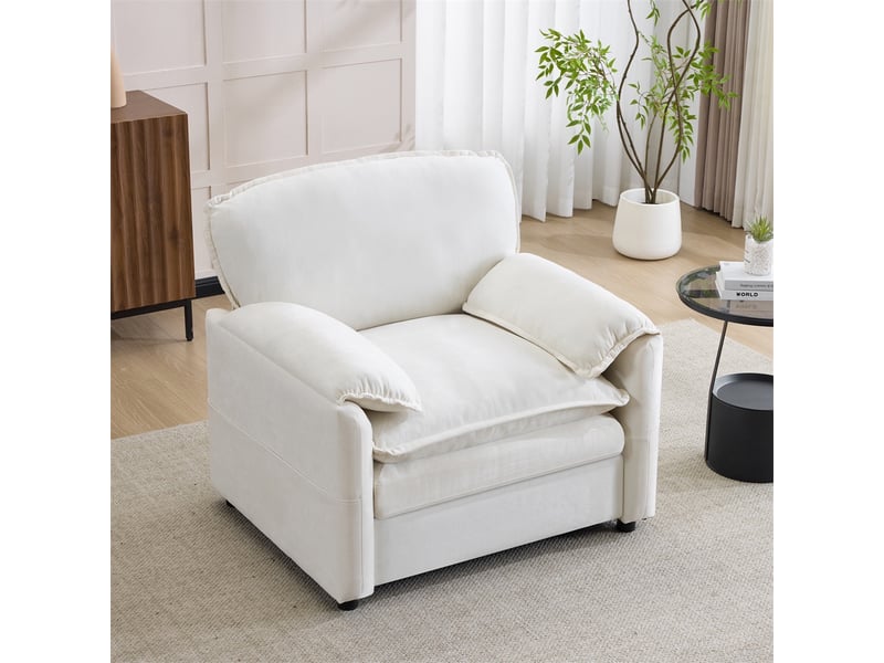  Fauteuil rétro en chenille blanc - 96x92x90cm - canapé individuel avec poches de rangement latérales pour salon et chambre - blanc  - Conforama D