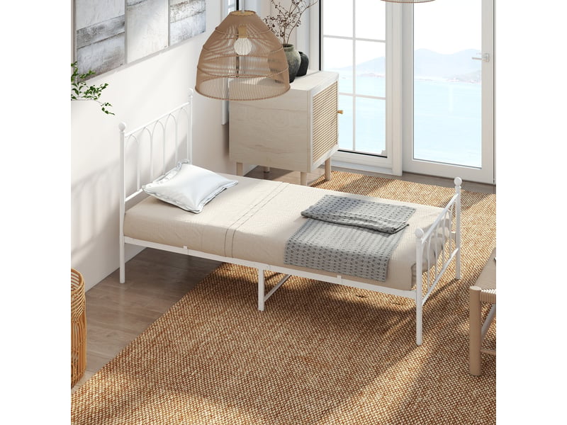  Lit simple 90x200 cm, lit adulte 90x200 cm, cadre de lit en metal blanc avec sommier a lattes, sans matelas  - Conforama E